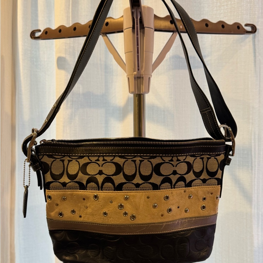 Coach Vintage Black and Tan Shoulder Bag with Studded Accents